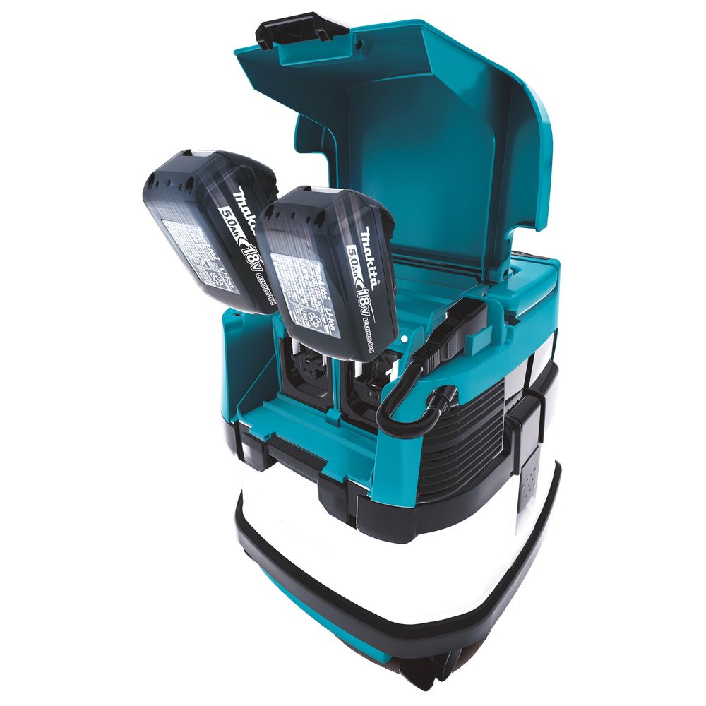 Набор Makita: аккумуляторный пылесос DVC860LZ, 8 л, 3.6 м³/мин + 2 аккумулятора BL1850B, 18 В, 5 Ач + зарядное устройство DC18RD, PT996