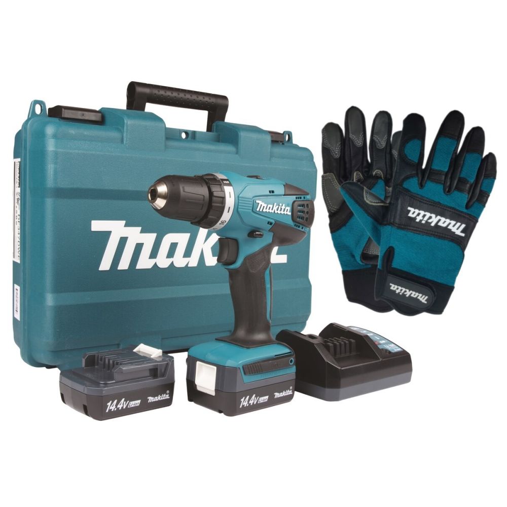 Набор Makita: аккумуляторная дрель-шуруповерт DF347DWE, 14.4 B, 30 Нм, 1400 об/мин, с 2 АКБ 1.5 Ач и ЗУ, в кейсе + перчатки PGH-190280-L, PT1049