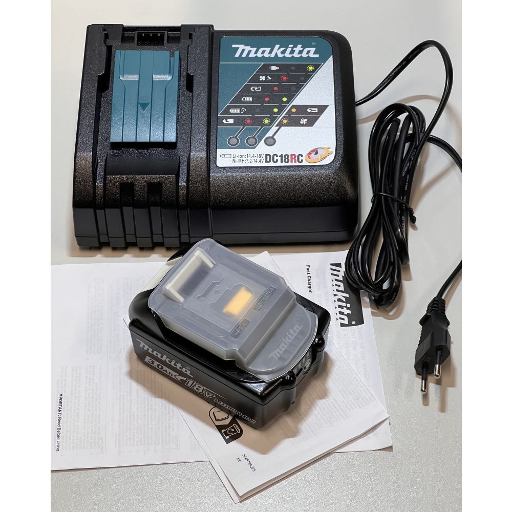 Набор Makita: аккумулятор BL1830B, Li-Ion, 18 В, 3 Ач и зарядное устройство DC18RC, 7.2-18 В, 3 А,  191A25-2/U, уцененный товар