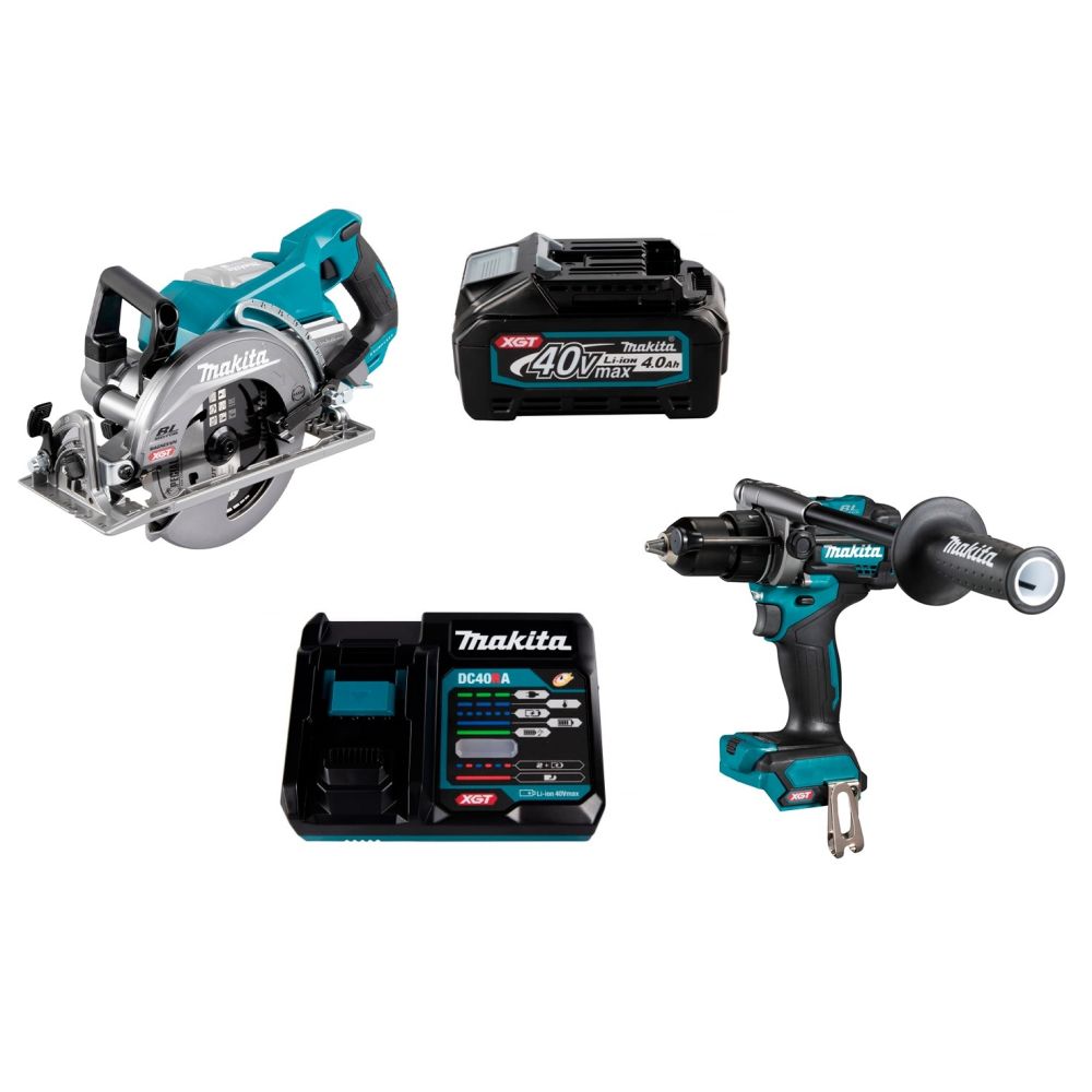 Набор: аккумуляторная дисковая пила Makita RS001GZ + аккумуляторная ударная дрель-шуруповерт Makita HP001GZ + аккумулятор с зарядным устройством Makita 191J67-0