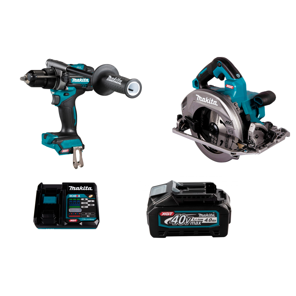 Набор: аккумуляторная дисковая пила Makita HS004GZ01 + аккумуляторная ударная дрель-шуруповерт Makita HP001GZ + аккумулятор с зарядным устройством Makita 191J67-0