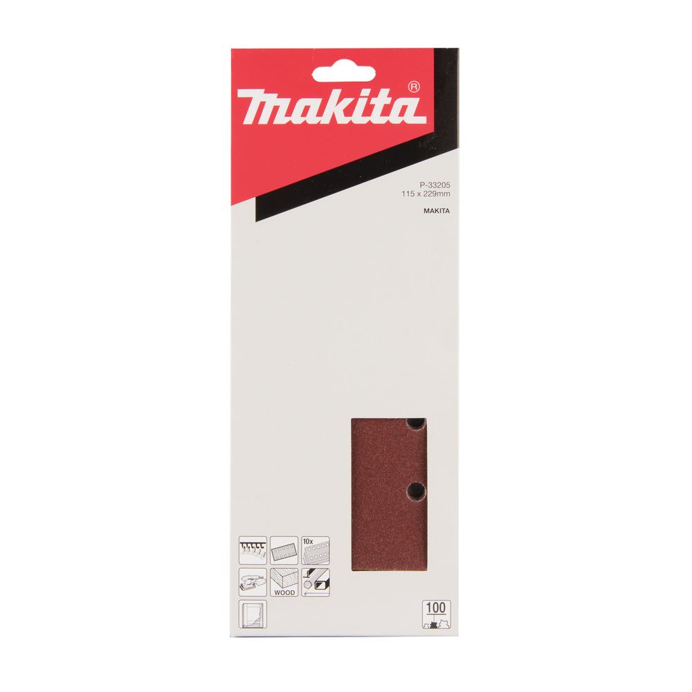 Бумага шлифовальная на липучке для шлифмашинок Makita 115х229 мм, P100, цвет красный, 10 шт., P-33205
