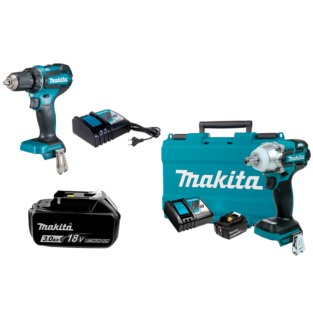 Набор: аккумуляторный ударный гайковерт Makita DTW285RTK с АКБ 5 Ач и ЗУ, в кейсе + аккумуляторная дрель-шуруповерт Makita DDF485Z + аккумулятор Makita 632M83-6 + зарядное устройство Makita 630793-1