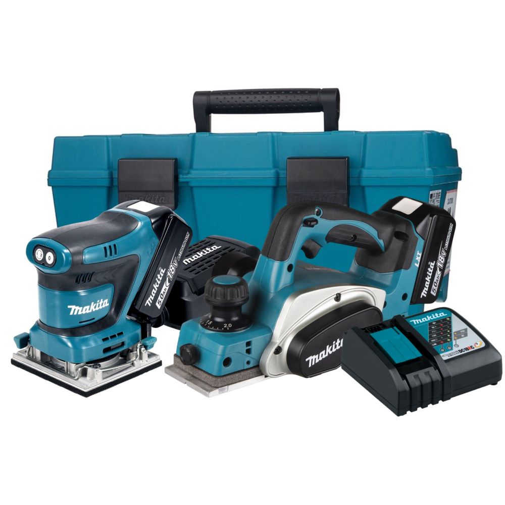 Аккумуляторный набор Makita, 18 В: шлифмашина DBO484 + рубанок DKP180, с 2 АКБ 3 Ач и ЗУ, в кейсе