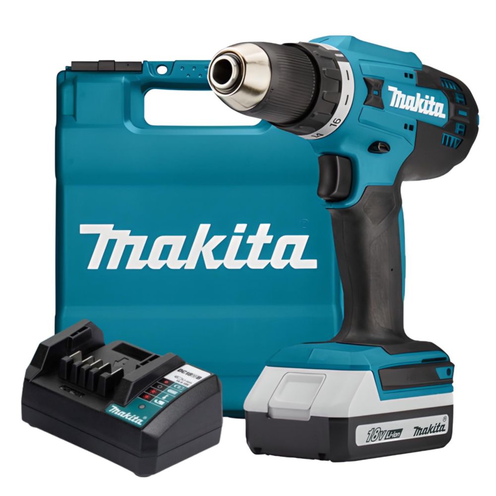 Аккумуляторная дрель-шуруповерт Makita, 18 В, 1400 об/мин, с 2 АКБ 1.5 Ач и ЗУ, в кейсе, DF488DWE