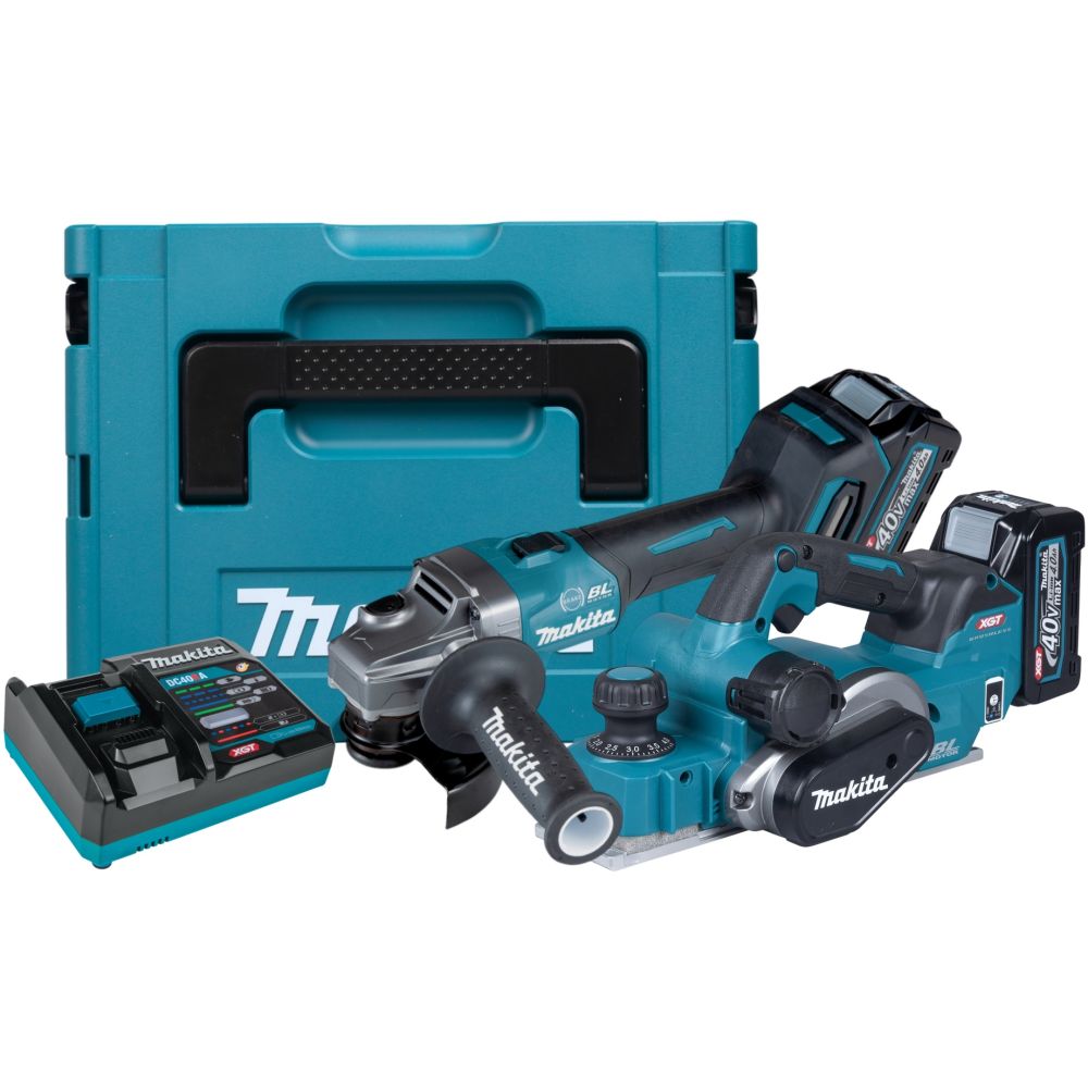 Аккумуляторный набор Makita, 40 В: угловая шлифмашина GA004 + рубанок KP001, с 2 АКБ 4 Ач и ЗУ, в кейсе MakPac