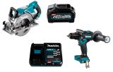 Набор: аккумуляторная дисковая пила Makita RS001GZ + аккумуляторная ударная дрель-шуруповерт Makita HP001GZ + аккумулятор с зарядным устройством Makita 191J67-0