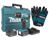 Набор Makita: аккумуляторная дрель-шуруповерт DF347DWE, 14.4 B, 30 Нм, 1400 об/мин, с 2 АКБ 1.5 Ач и ЗУ, в кейсе + перчатки PGH-190280-L, PT1049