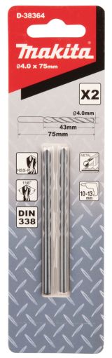 Сверло по металлу Makita HSS-R 4х43x75, 2 шт., D-38364