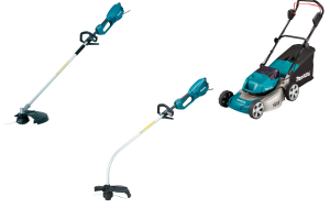 Набор: аккумуляторная газонокосилка Makita DLM460PT2 с 2 АКБ и ЗУ + электрический триммер Makita UR3501 + электрический триммер Makita UR3502