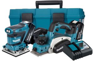 Аккумуляторный набор Makita, 18 В: шлифмашина DBO484 + рубанок DKP180, с 2 АКБ 3 Ач и ЗУ, в кейсе