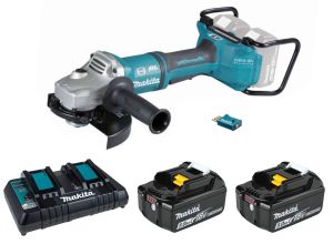 Набор Makita: аккумуляторная угловая шлифмашина DGA701ZU, 180 мм, 7800 об/мин + 2 аккумулятора BL1850B, 18 В, 5 Ач + зарядное устройство DC18RD, PT998