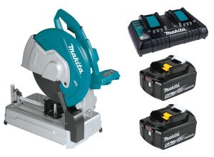 Набор Makita: аккумуляторная отрезная пила DLW140Z, 355 мм, 3800 об/мин + 2 аккумулятора BL1850B, 18 В, 5 Ач + зарядное устройство DC18RD, PT997