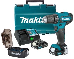 Набор Makita: аккумуляторная дрель-шуруповерт DF333DWAE, 12 В, 30 Нм, 1700 об/мин, с 2 АКБ 2 Ач и ЗУ, в кейсе + набор бит E-03084, 31 шт., PT1044