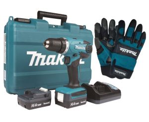 Набор Makita: аккумуляторная дрель-шуруповерт DF347DWE, 14.4 B, 30 Нм, 1400 об/мин, с 2 АКБ 1.5 Ач и ЗУ, в кейсе + перчатки PGH-190280-L, PT1049