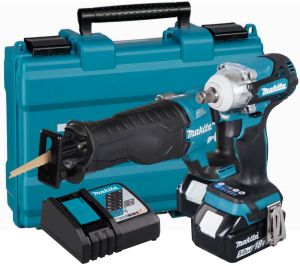 Аккумуляторный набор Makita, 18 В: гайковерт DTW300 + сабельная пила DJR187, с 2 АКБ 5 Ач и ЗУ, в кейсе