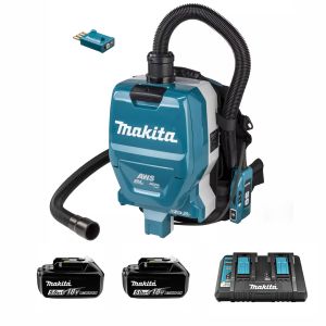 Набор: аккумуляторный ранцевый пылесос Makita DVC265ZXU + 2 аккумулятора Makita BL1850B (LXT 18В, 5Ач) + зарядное устройство Makita DC18RD быстрое двухпортовое (LXT 18В)