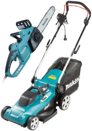 Набор сетевой садовой техники Makita: цепная пила UC4041A + газонокосилка ELM3720